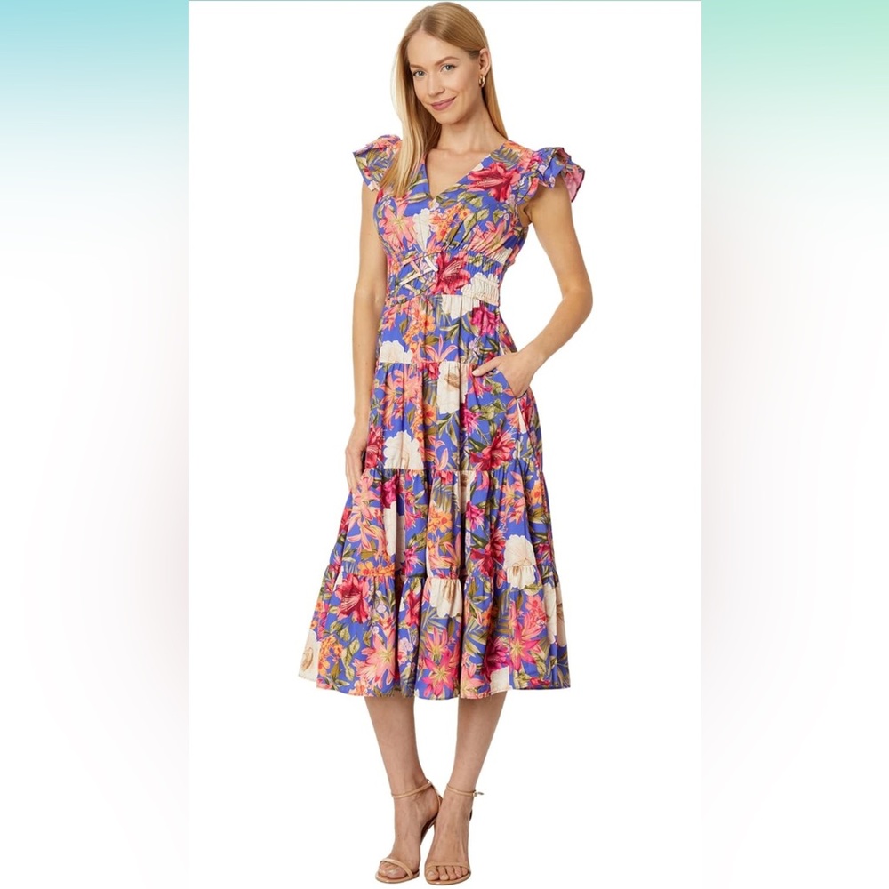 Vince Camuto Smocked Waist Floral Printed Fit and Flare Midi Dress 12